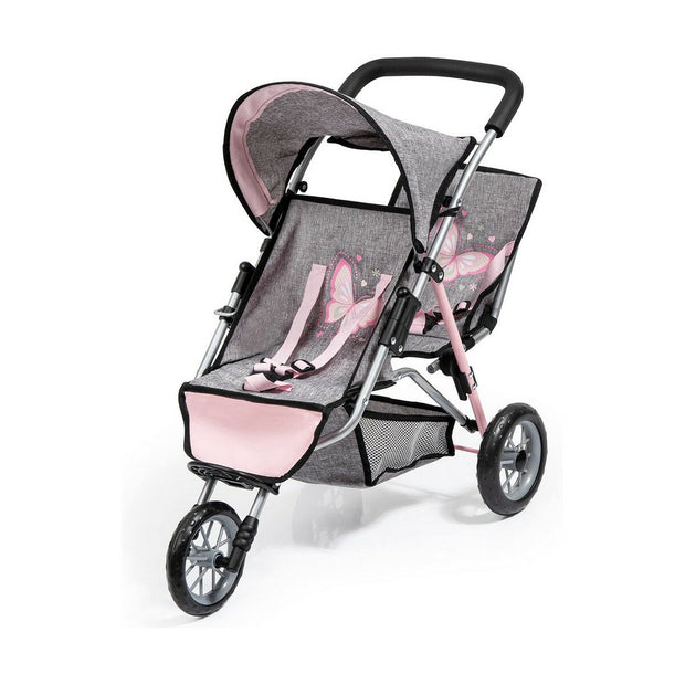 Doll Stroller Reig Jogger Grey Pink Wheels x 3 Twins