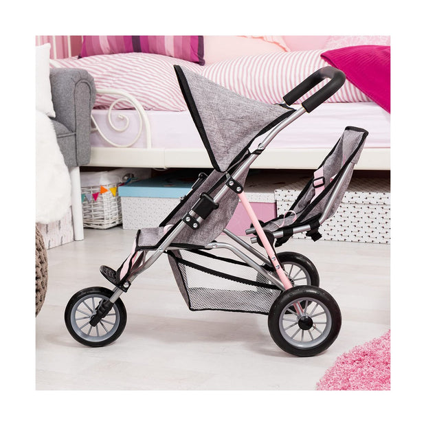Doll Stroller Reig Jogger Grey Pink Wheels x 3 Twinned
