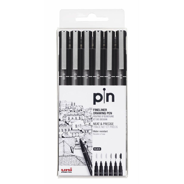 Set of Felt Tip Pens Uni-Ball PIN-200(S) Black 6 Pieces