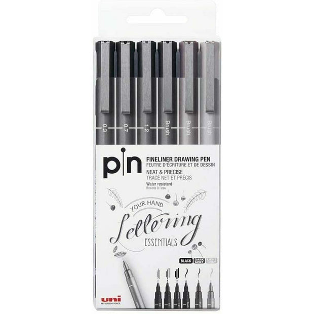 Set of Felt Tip Pens Uni-Ball PIN-200(S) Black Grey (6 Units)