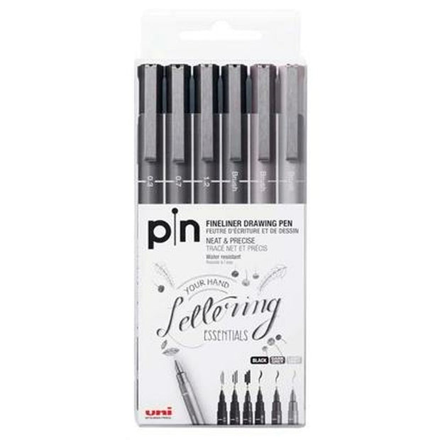 Set of Felt Tip Pens Uni-Ball PIN-200(S) Black Grey (6 Units)