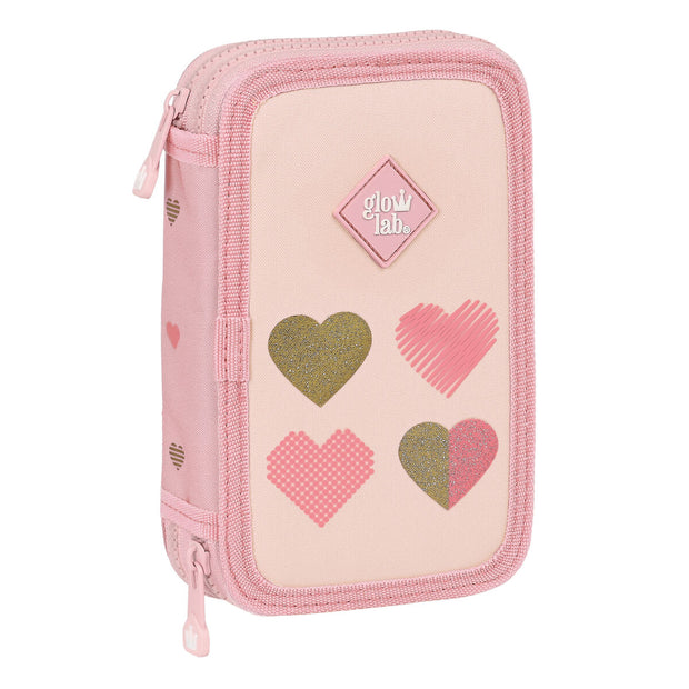 School Case with Accessories Glow Lab Hearts Pink (12.5 x 19.5 x 4 cm) (28 pcs)