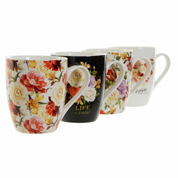 Henkelbecher DKD Home Decor Rot Schwarz Weiß Blomster Shabby Chic (340 ml) (4 Stück)