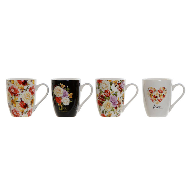 Henkelbecher DKD Home Decor Rot Schwarz Weiß Blomster Shabby Chic (340 ml) (4 Stück)