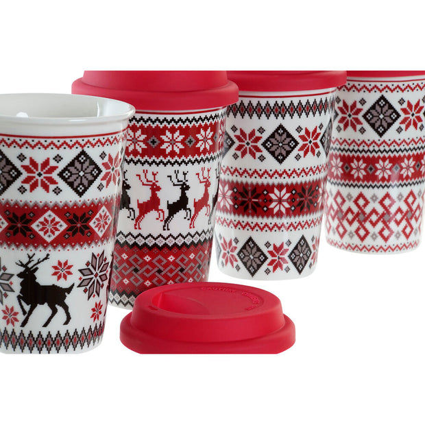 Tasse mit Deckel DKD Home Decor Weihnachten Porzellan Rot Silikon (400 ml) (4 Stück)