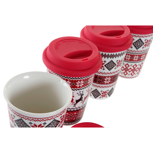 Tasse mit Deckel DKD Home Decor Weihnachten Porzellan Rot Silikon (400 ml) (4 Stück)