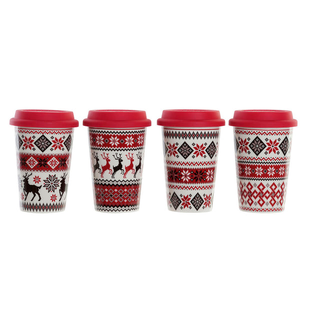 Tasse mit Deckel DKD Home Decor Weihnachten Porzellan Rot Silikon (400 ml) (4 Stück)