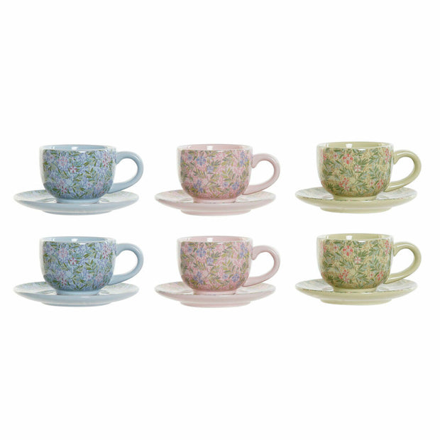 Satz von Kaffeetassen DKD Home Decor Blau Rosa Metall grün Blomster Dolomite (6 pcs) (180 ml) (14 x 14 x 7 cm)