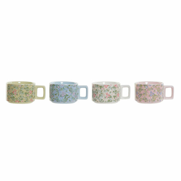 Satz von Kaffeetassen DKD Home Decor Blau Rosa Metall grün Blomster Dolomite (13 x 9,5 x 6,5 cm) (4 pcs) (260 ml)