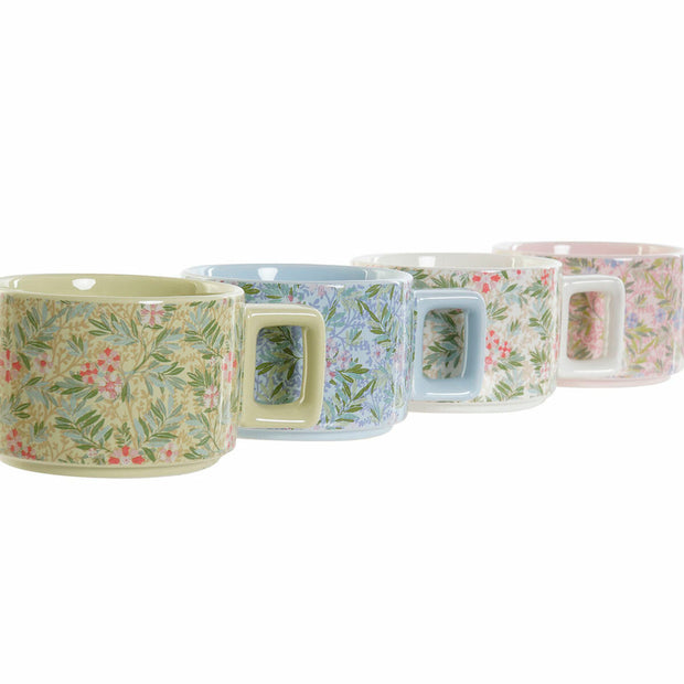Satz von Kaffeetassen DKD Home Decor Blau Rosa Metall grün Blomster Dolomite (13 x 9,5 x 6,5 cm) (4 pcs) (260 ml)