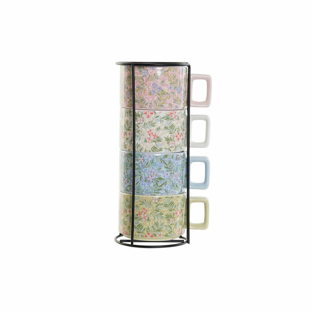 Satz von Kaffeetassen DKD Home Decor Blau Rosa Metall grün Blomster Dolomite (13 x 9,5 x 6,5 cm) (4 pcs) (260 ml)