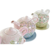 Teekanne DKD Home Decor Blau Rosa grün Blomster Dolomite (18 x 13 x 15 cm) (3 pcs) (750 ml)