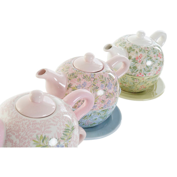 Teekanne DKD Home Decor Blau Rosa grün Blomster Dolomite (18 x 13 x 15 cm) (3 pcs) (750 ml)