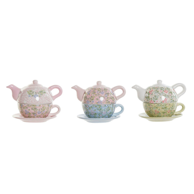 Teekanne DKD Home Decor Blau Rosa grün Blomster Dolomite (18 x 13 x 15 cm) (3 pcs) (750 ml)