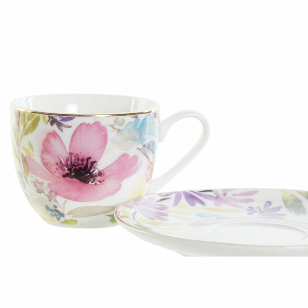 Tasse mit Untertasse DKD Home Decor Blomster (90 ml) (2 pcs)