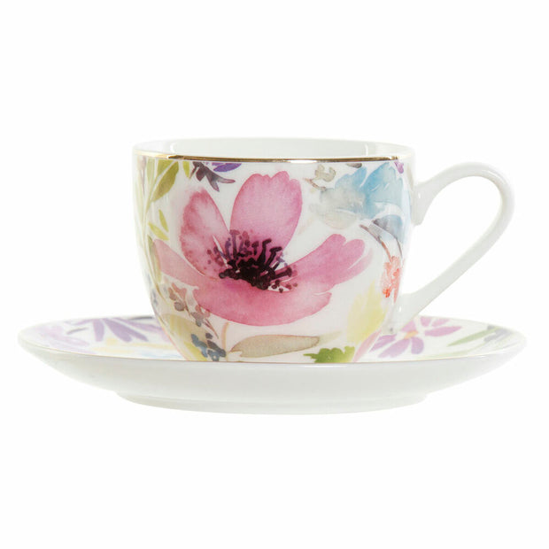 Tasse mit Untertasse DKD Home Decor Blomster (90 ml) (2 pcs)