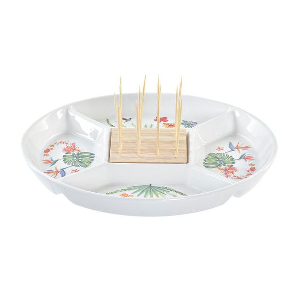 Tablett für Snacks DKD Home Decor natürlich Bunt Bambus Steingut Tropical (23,5 x 23,5 x 7 cm)