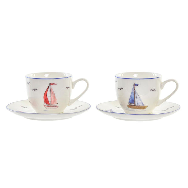 Satz von Kaffeetassen DKD Home Decor Yachten Porzellan Rot Blau (90 ml) (2 Stück)