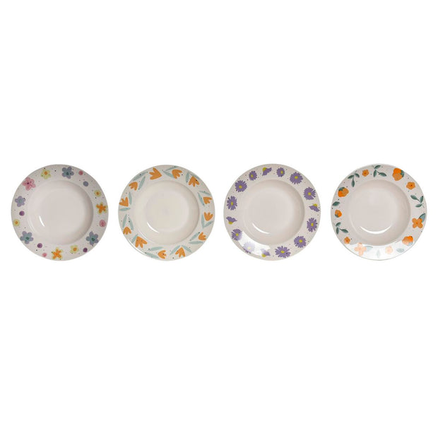 Suppenteller DKD Home Decor Porzellan Weiß Bunt (21,5 x 21,5 x 3,5 cm) (4 Stück)
