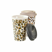 Henkelbecher DKD Home Decor Porzellan Schwarz Braun Silikon Leopard Kolonial (400 ml) (2 Stück)