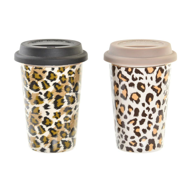 Henkelbecher DKD Home Decor Porzellan Schwarz Braun Silikon Leopard Kolonial (400 ml) (2 Stück)