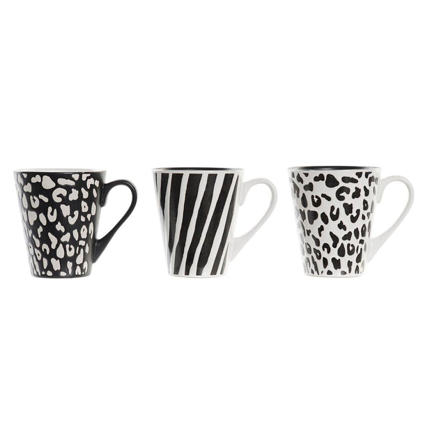Henkelbecher DKD Home Decor Schwarz Weiß Kolonial Steingut Dschungel (360 ml) (3 Stück)