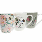 Henkelbecher DKD Home Decor Porzellan Beige Rosa Schmetterling Shabby Chic (550 ml) (3 Stück)
