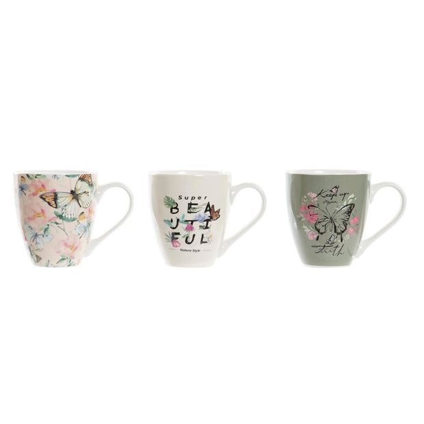 Henkelbecher DKD Home Decor Porzellan Beige Rosa Schmetterling Shabby Chic (550 ml) (3 Stück)