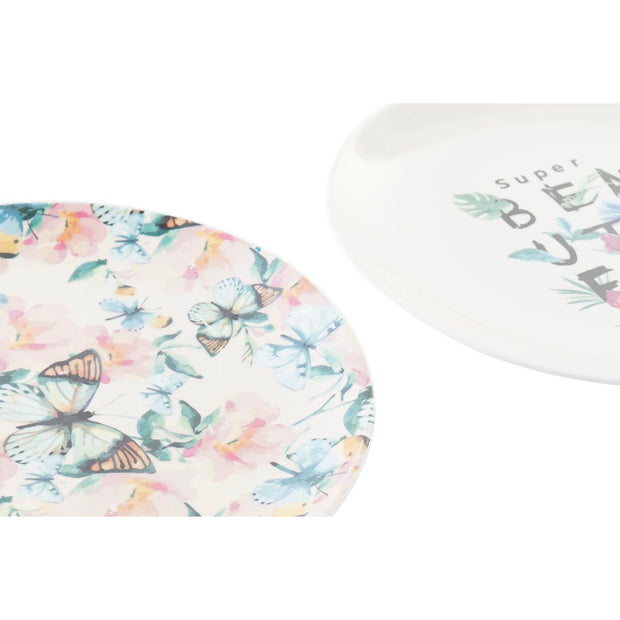 Flad plade DKD Home Decor Schmetterlinge Porzellan (20,5 x 20,5 x 2 cm) (3 Stück)