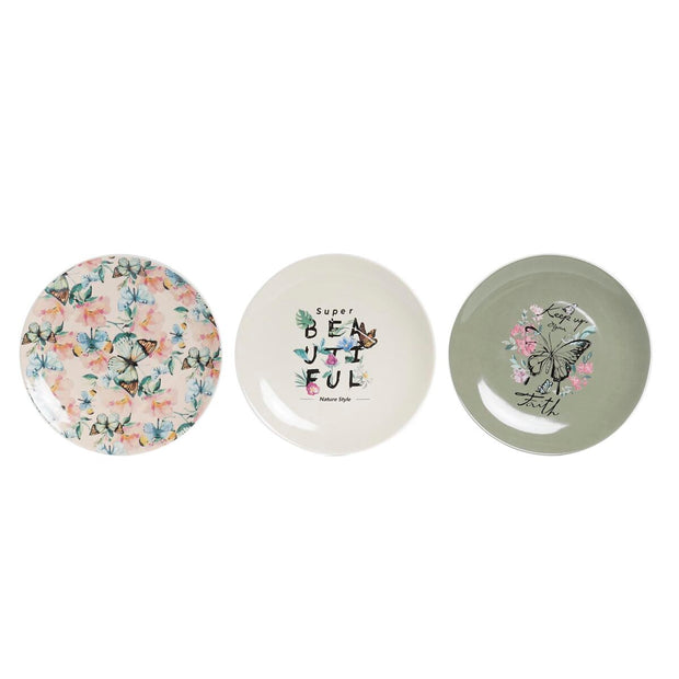 Flad plade DKD Home Decor Schmetterlinge Porzellan (20,5 x 20,5 x 2 cm) (3 Stück)