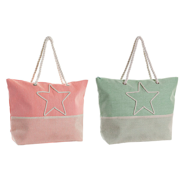 Beach Bag DKD Home Decor Beige Polyester Cotton Coral Mint (52 x 14 x 38 cm) (2 Units)