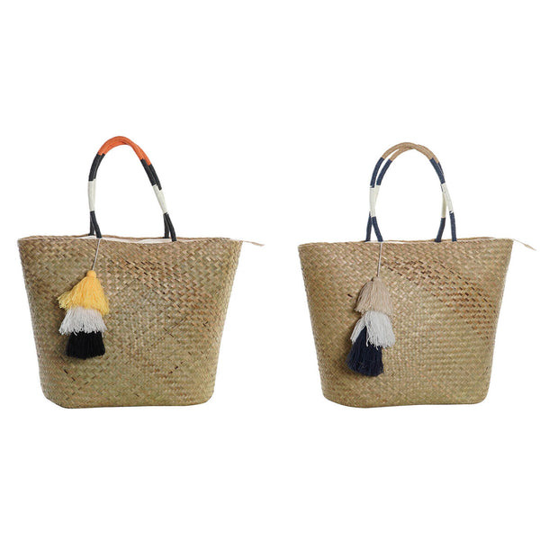 Beach Bag DKD Home Decor Natural Orange Polyester Navy Blue Fibre (49 x 18 x 37 cm) (2 Units)