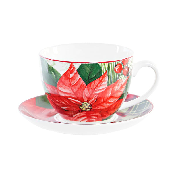 Tasse mit Untertasse DKD Home Decor Blomster Porzellan Rot (220 ml)