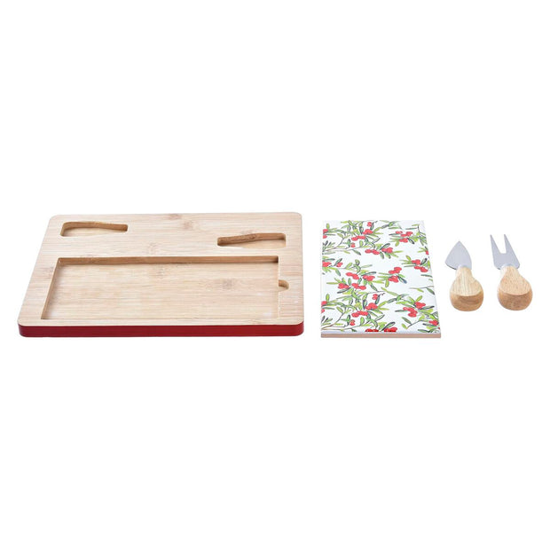 Satz für Appetithäppchen DKD Home Decor Blomster Rot Weiß Bambus Steingut (24,5 x 20 x 1,2 cm)