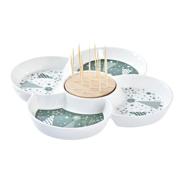 Tablett für Snacks DKD Home Decor Weihnachten natürlich Weiß grün Bambus Steingut (22 x 22 x 7 cm)