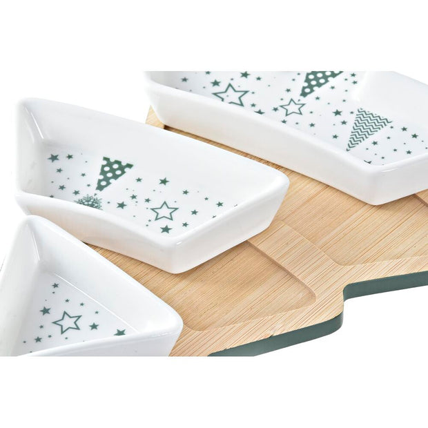 Tablett für Snacks DKD Home Decor Weihnachten 4 Stücke Baum Weiß grün Bambus Steingut (20 x 27 x 3,8 cm)