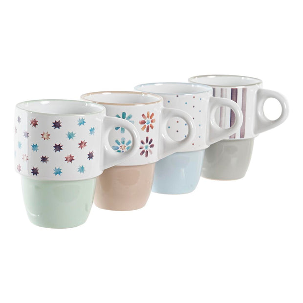 Henkelbecher DKD Home Decor Streifen Blomster Steingut (400 ml) (4 Stück)