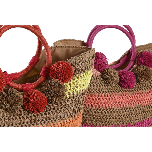 Hand bag DKD Home Decor Natural Red Blue Pink Green Yellow (44 x 15 x 35 cm) (2 Units)